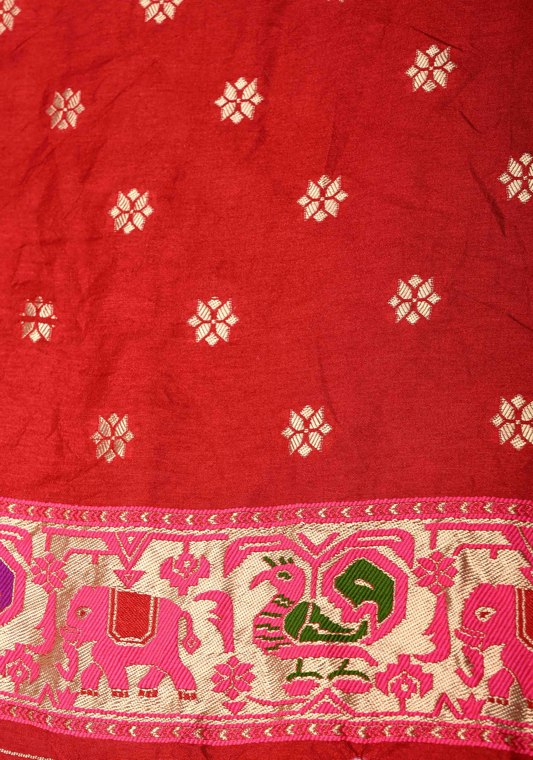 Deep Red Crushed  Bandhani on Art Silk Saree with Meenakari Floral Zari Border and pallu