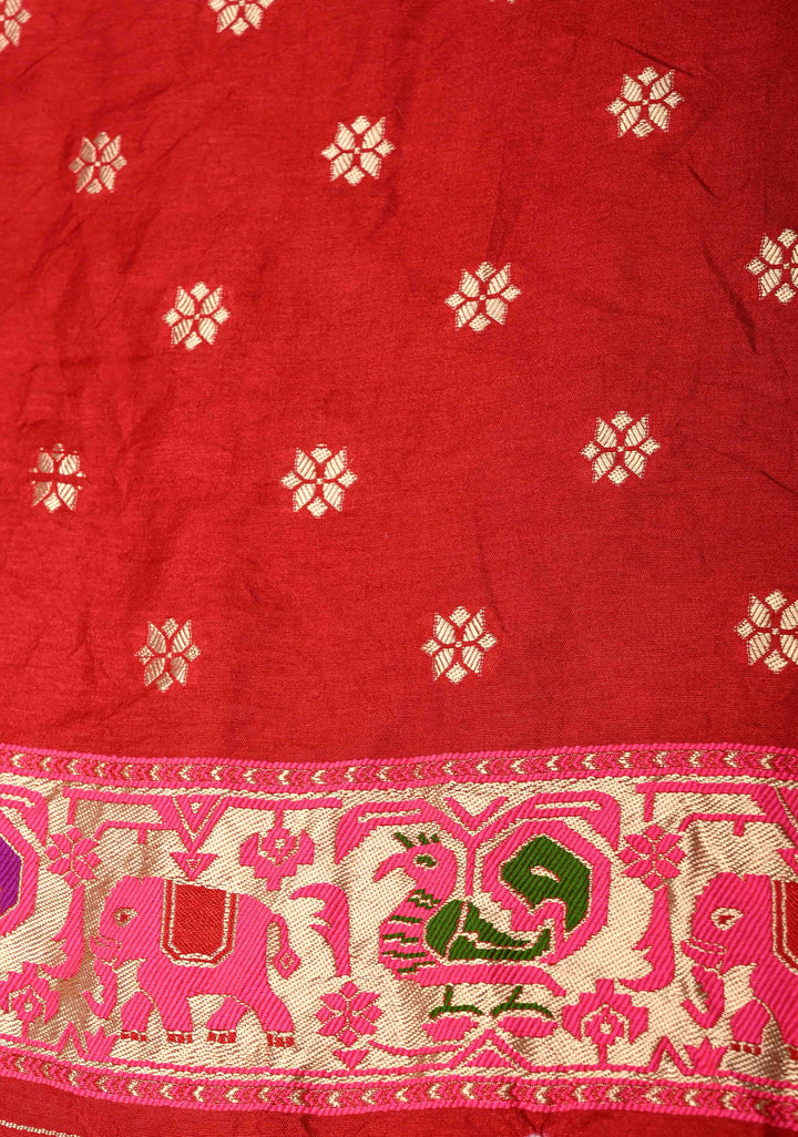 Deep Red Crushed  Bandhani on Art Silk Saree with Meenakari Floral Zari Border and pallu