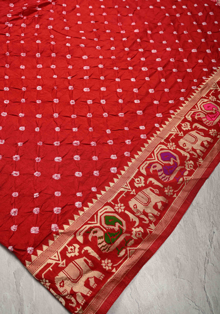 Deep Red Crushed  Bandhani on Art Silk Saree with Meenakari Floral Zari Border and pallu