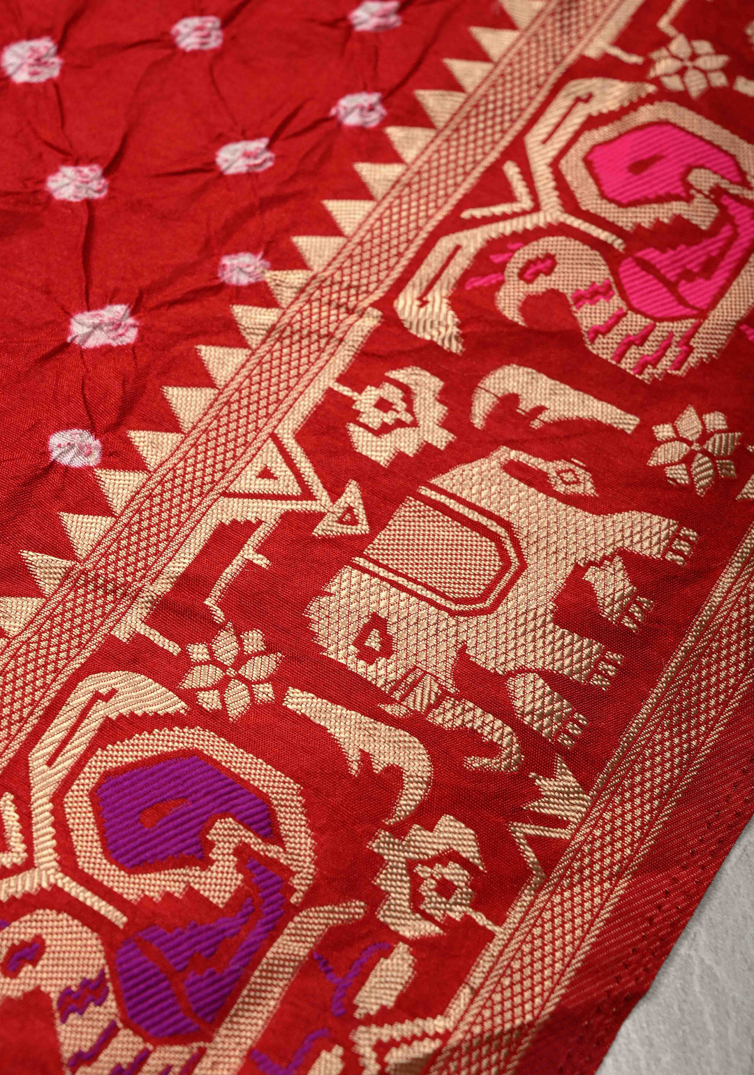 Deep Red Crushed  Bandhani on Art Silk Saree with Meenakari Floral Zari Border and pallu