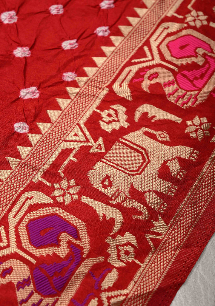 Deep Red Crushed  Bandhani on Art Silk Saree with Meenakari Floral Zari Border and pallu