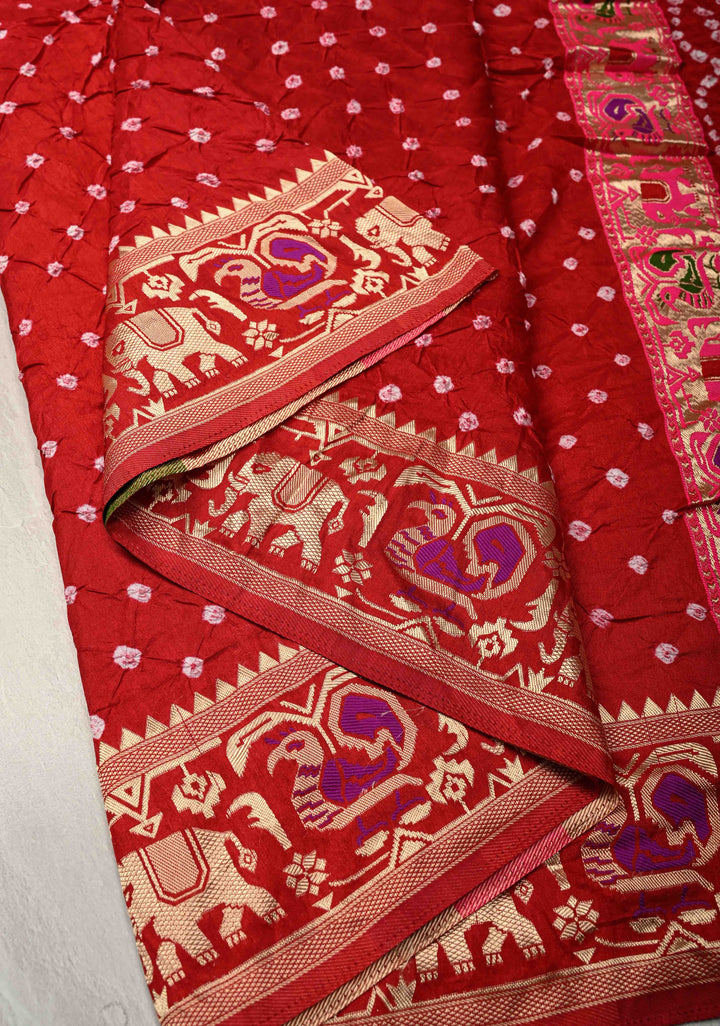Deep Red Crushed  Bandhani on Art Silk Saree with Meenakari Floral Zari Border and pallu