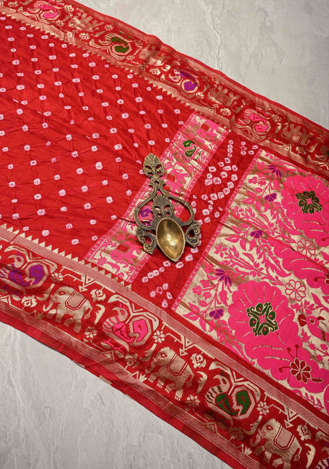 Deep Red Crushed  Bandhani on Art Silk Saree with Meenakari Floral Zari Border and pallu
