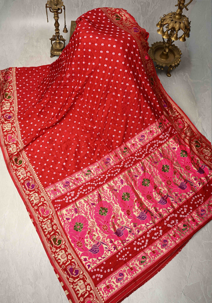 Deep Red Crushed  Bandhani on Art Silk Saree with Meenakari Floral Zari Border and pallu