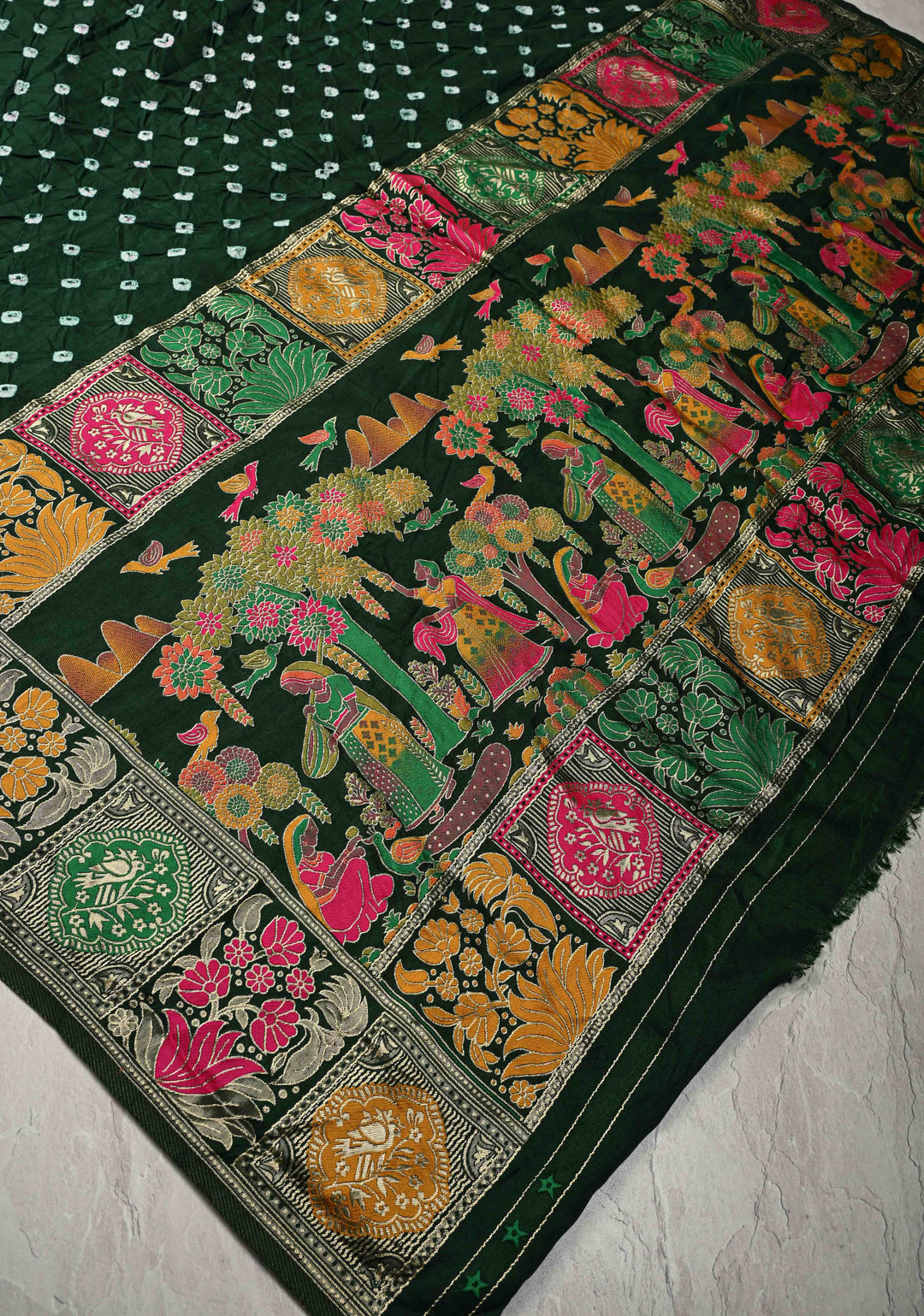 Dark Green Crushed Bandhini on Art Silk Saree with Meenakari Zari Border and Village Theme Pallu