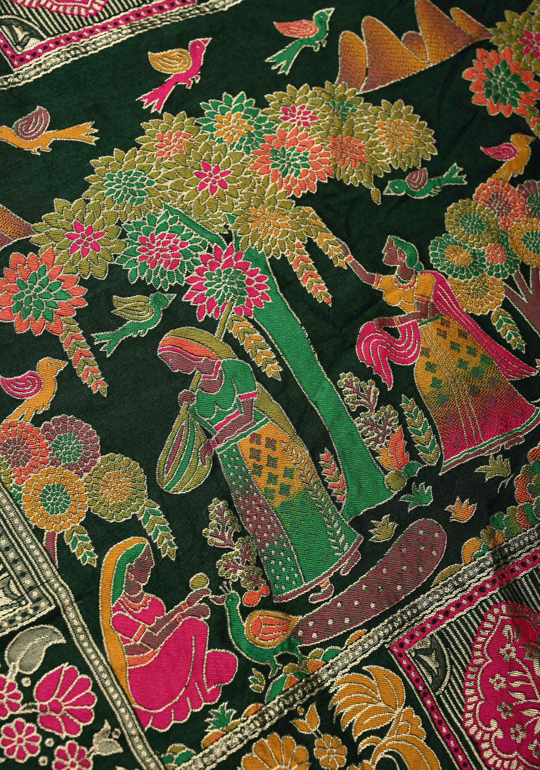 Dark Green Crushed Bandhini on Art Silk Saree with Meenakari Zari Border and Village Theme Pallu