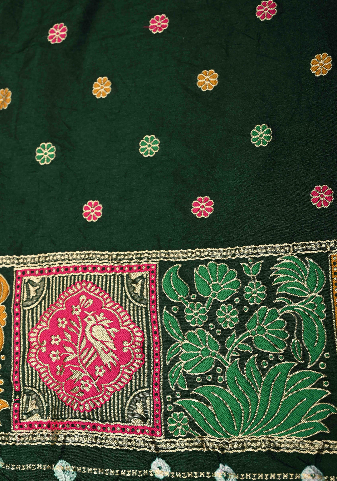 Dark Green Crushed Bandhini on Art Silk Saree with Meenakari Zari Border and Village Theme Pallu