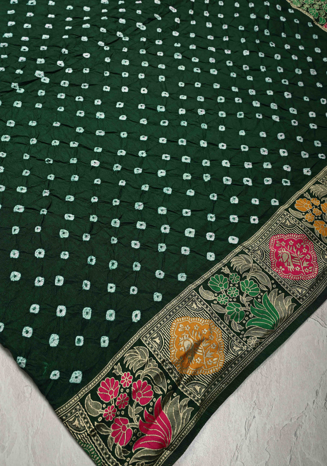 Dark Green Crushed Bandhini on Art Silk Saree with Meenakari Zari Border and Village Theme Pallu