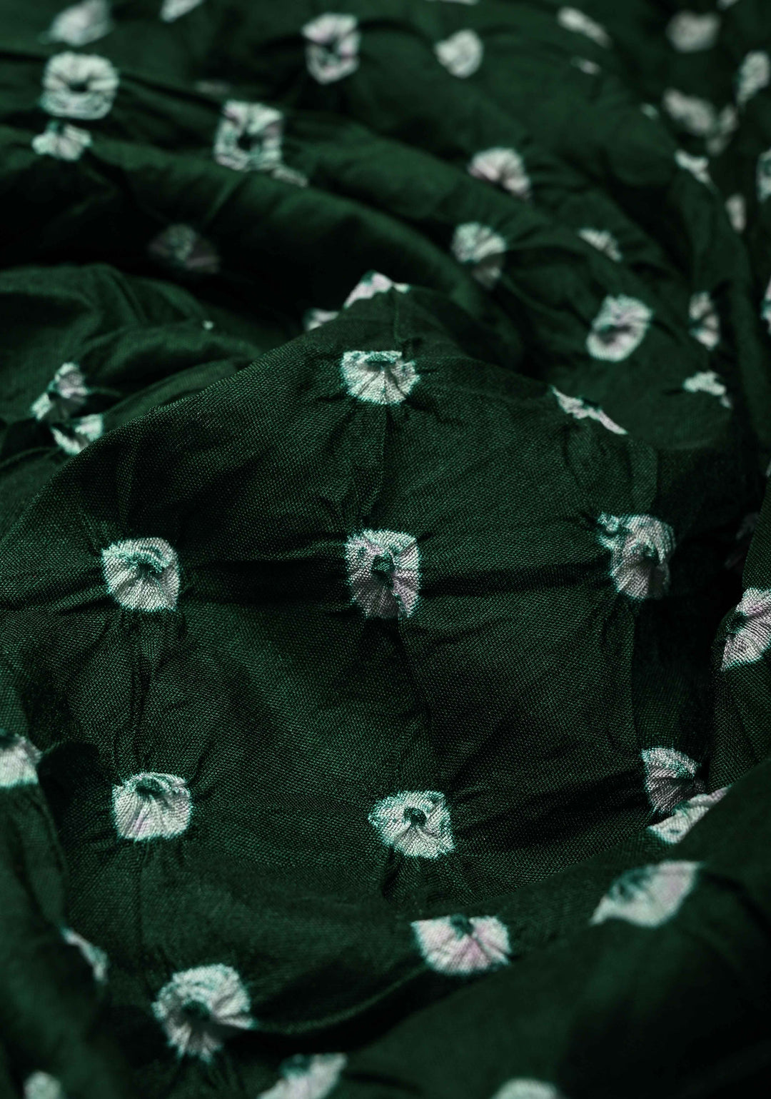 Dark Green Crushed Bandhini on Art Silk Saree with Meenakari Zari Border and Village Theme Pallu