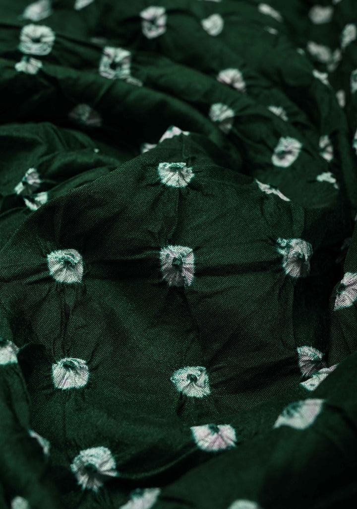 Dark Green Crushed Bandhini on Art Silk Saree with Meenakari Zari Border and Village Theme Pallu