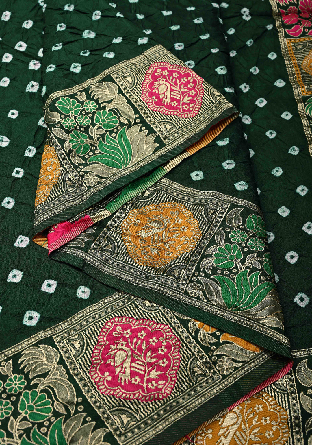 Dark Green Crushed Bandhini on Art Silk Saree with Meenakari Zari Border and Village Theme Pallu