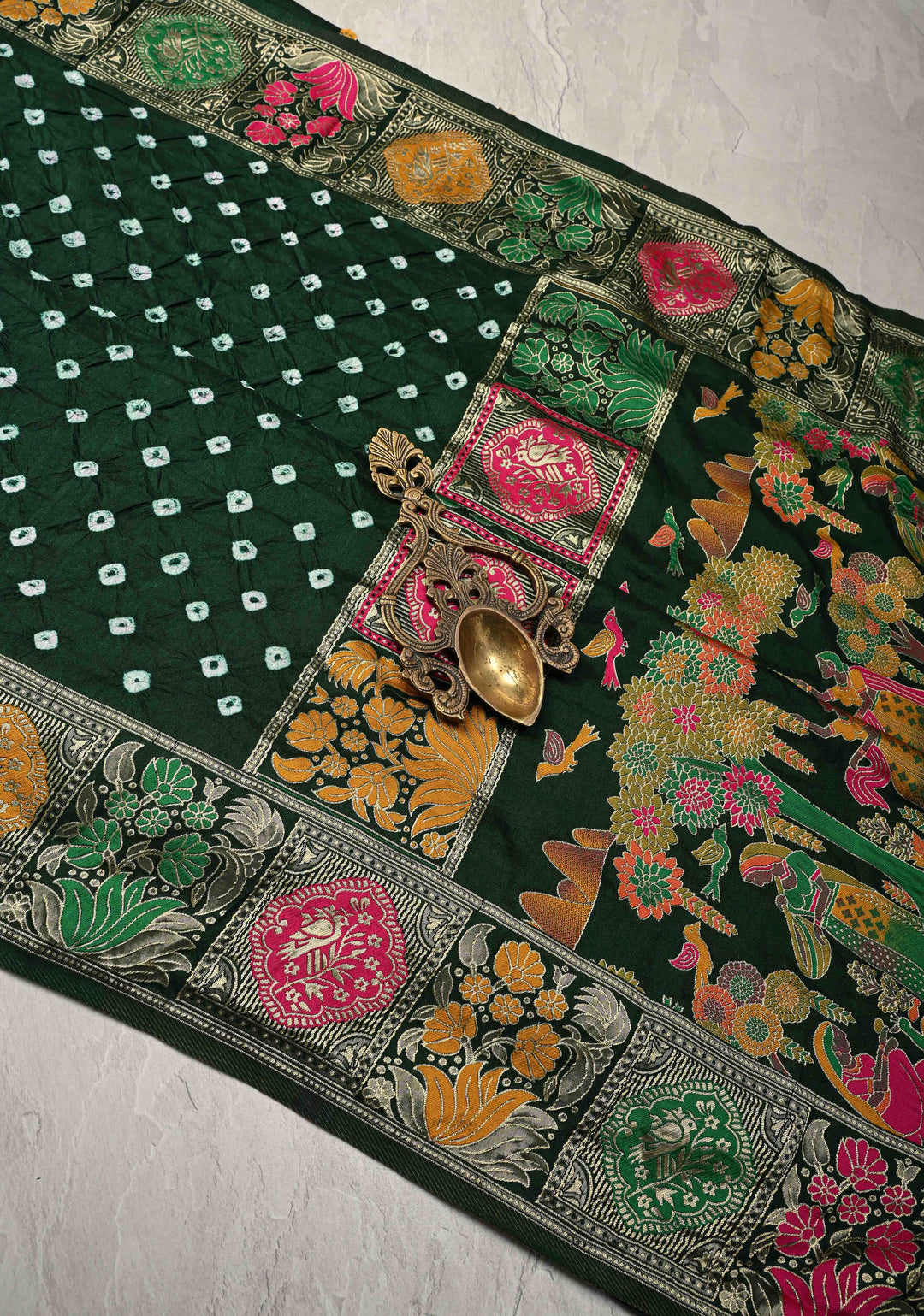 Dark Green Crushed Bandhini on Art Silk Saree with Meenakari Zari Border and Village Theme Pallu