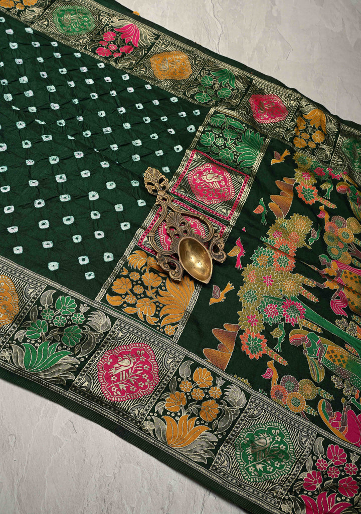 Dark Green Crushed Bandhini on Art Silk Saree with Meenakari Zari Border and Village Theme Pallu