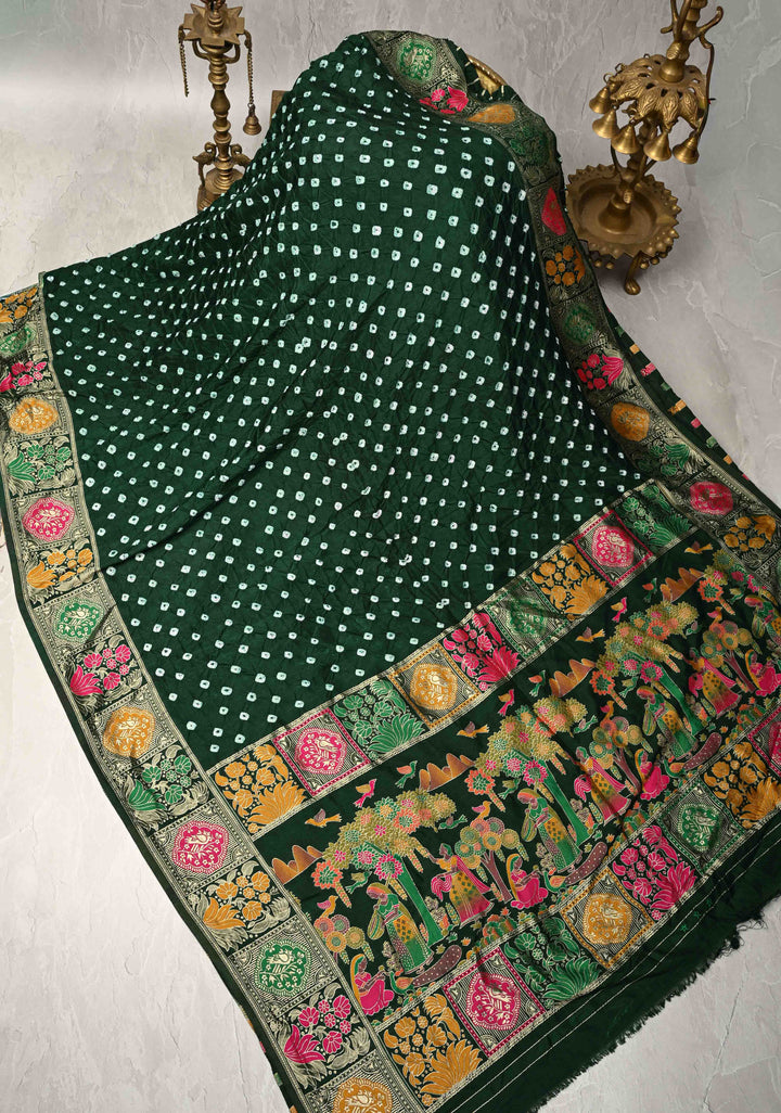 Dark Green Crushed Bandhini on Art Silk Saree with Meenakari Zari Border and Village Theme Pallu