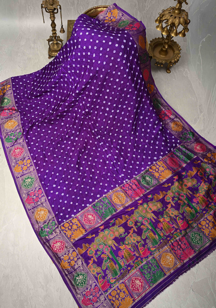Purple Ink Crushed  Bandhani on Art Silk Saree with Meenakari Floral Zari Border and pallu