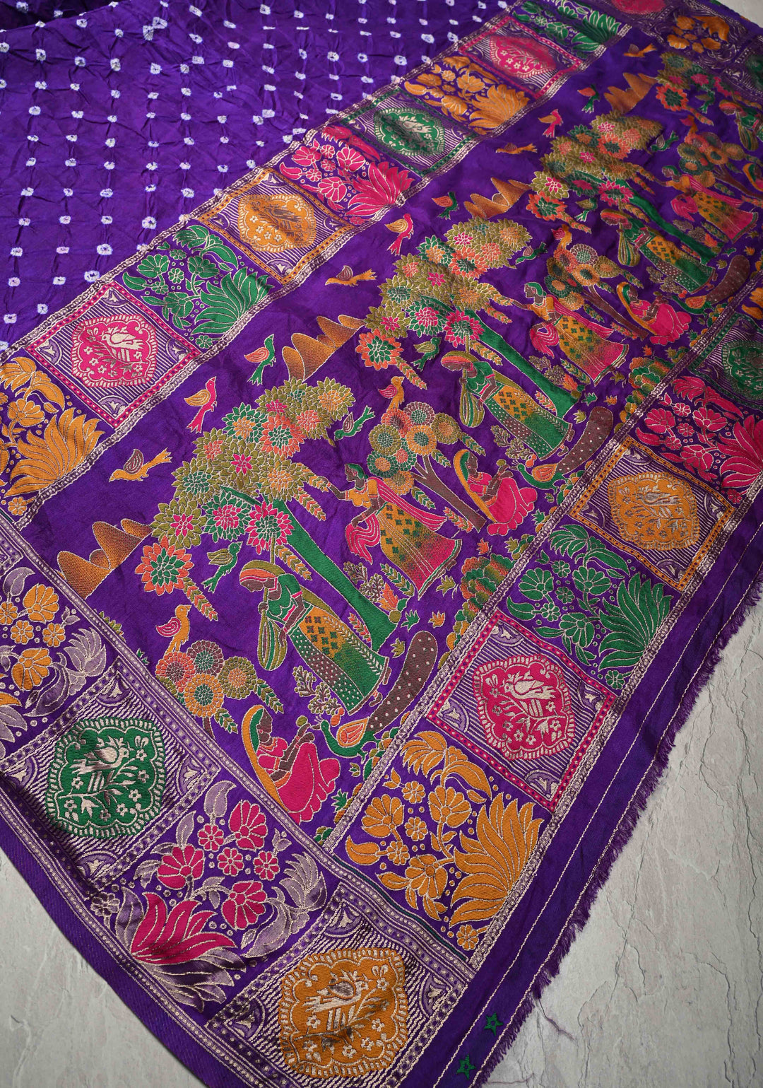 Purple Ink Crushed  Bandhani on Art Silk Saree with Meenakari Floral Zari Border and pallu
