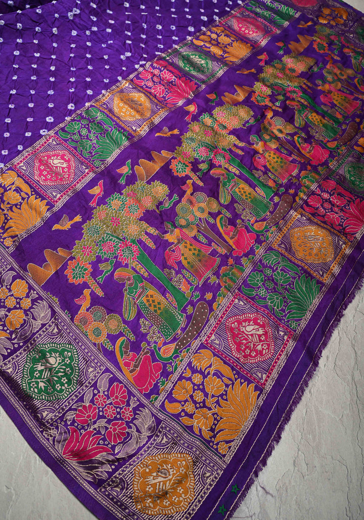 Purple Ink Crushed  Bandhani on Art Silk Saree with Meenakari Floral Zari Border and pallu