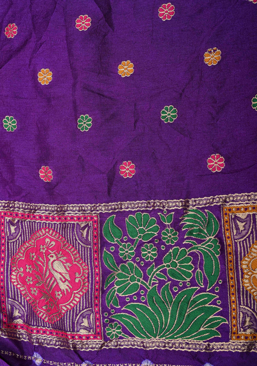 Purple Ink Crushed  Bandhani on Art Silk Saree with Meenakari Floral Zari Border and pallu
