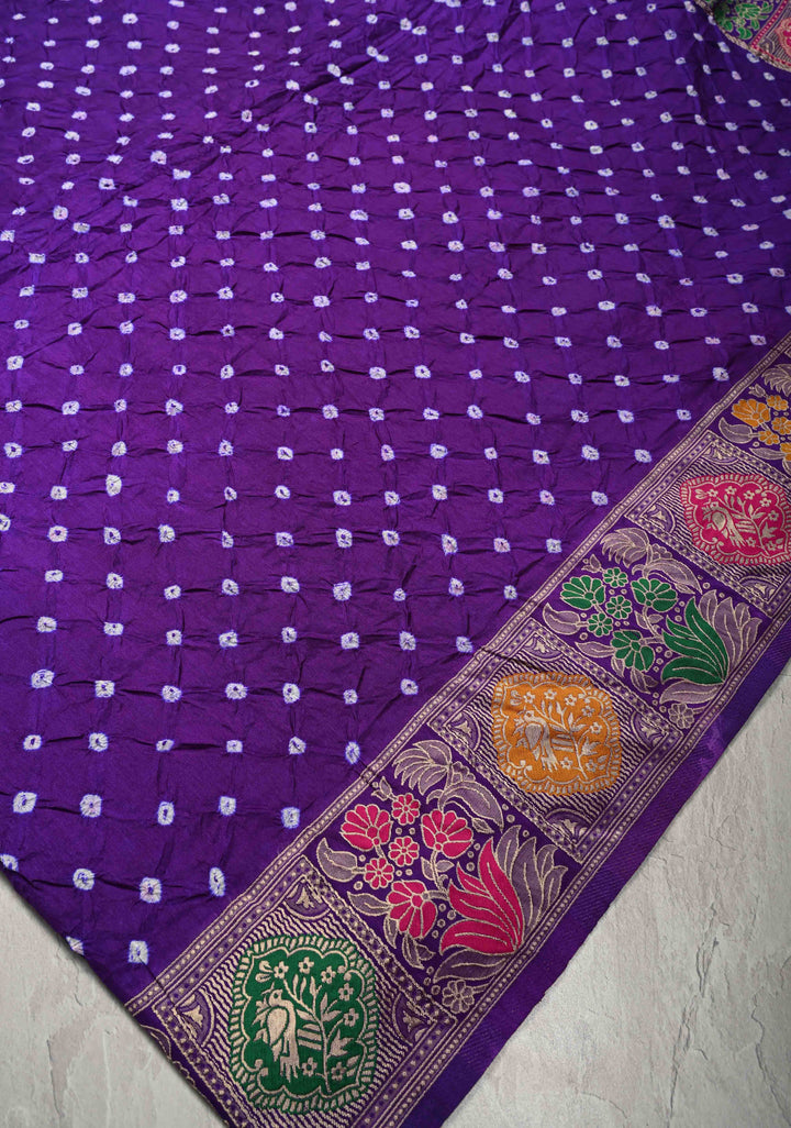 Purple Ink Crushed  Bandhani on Art Silk Saree with Meenakari Floral Zari Border and pallu