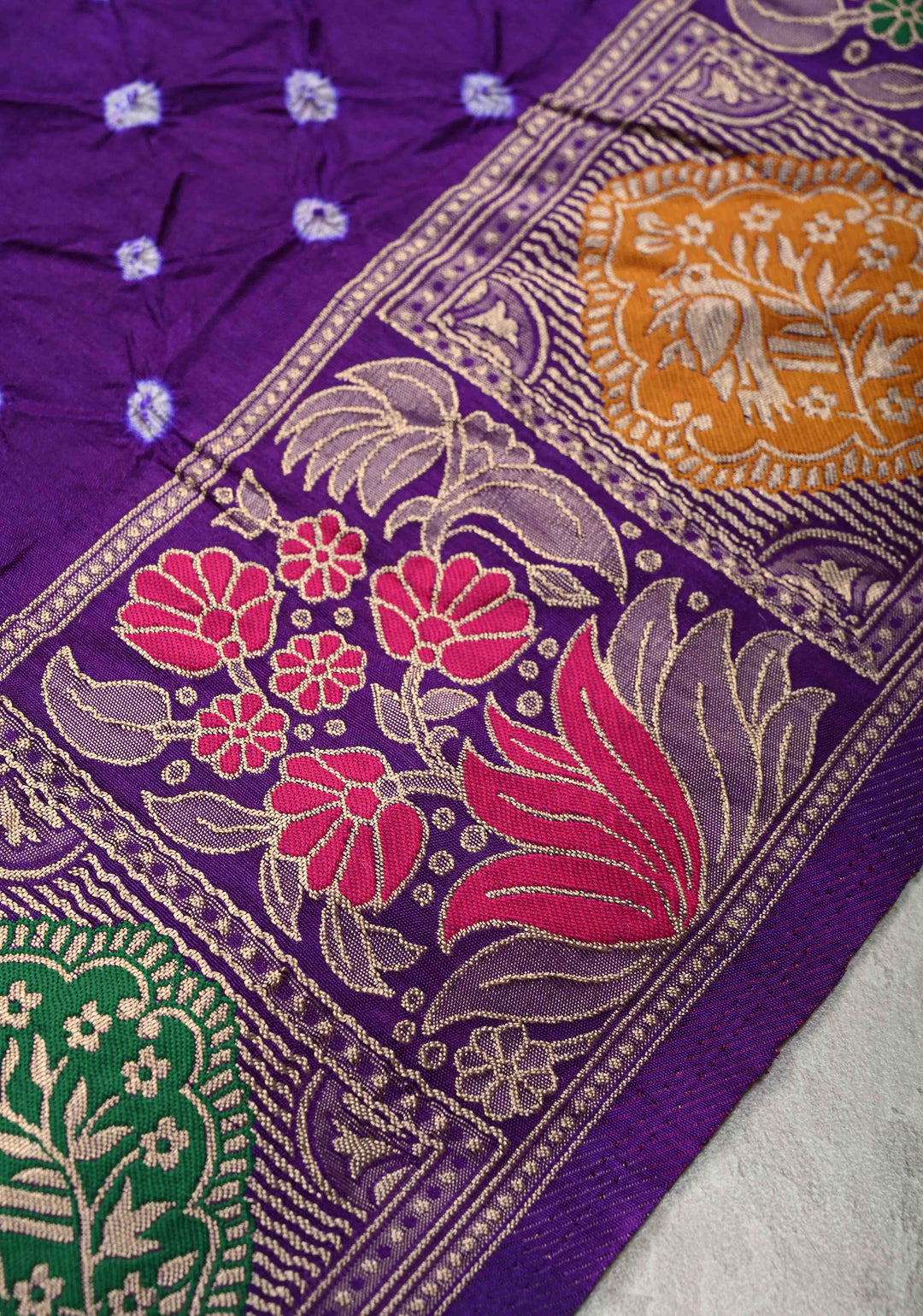 Purple Ink Crushed  Bandhani on Art Silk Saree with Meenakari Floral Zari Border and pallu