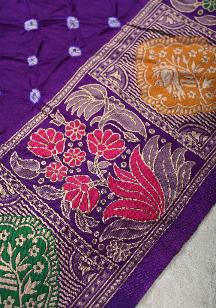 Purple Ink Crushed  Bandhani on Art Silk Saree with Meenakari Floral Zari Border and pallu