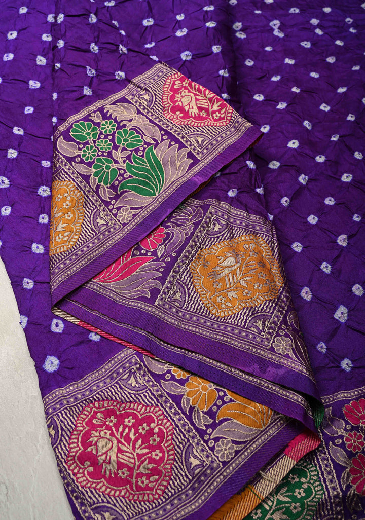 Purple Ink Crushed  Bandhani on Art Silk Saree with Meenakari Floral Zari Border and pallu