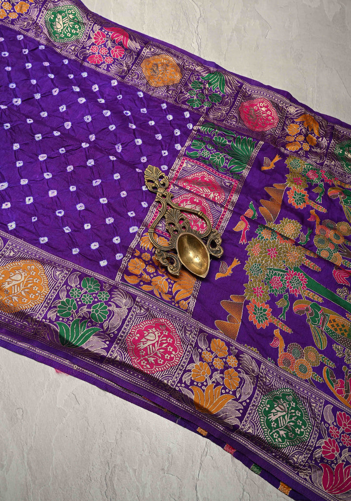 Purple Ink Crushed  Bandhani on Art Silk Saree with Meenakari Floral Zari Border and pallu