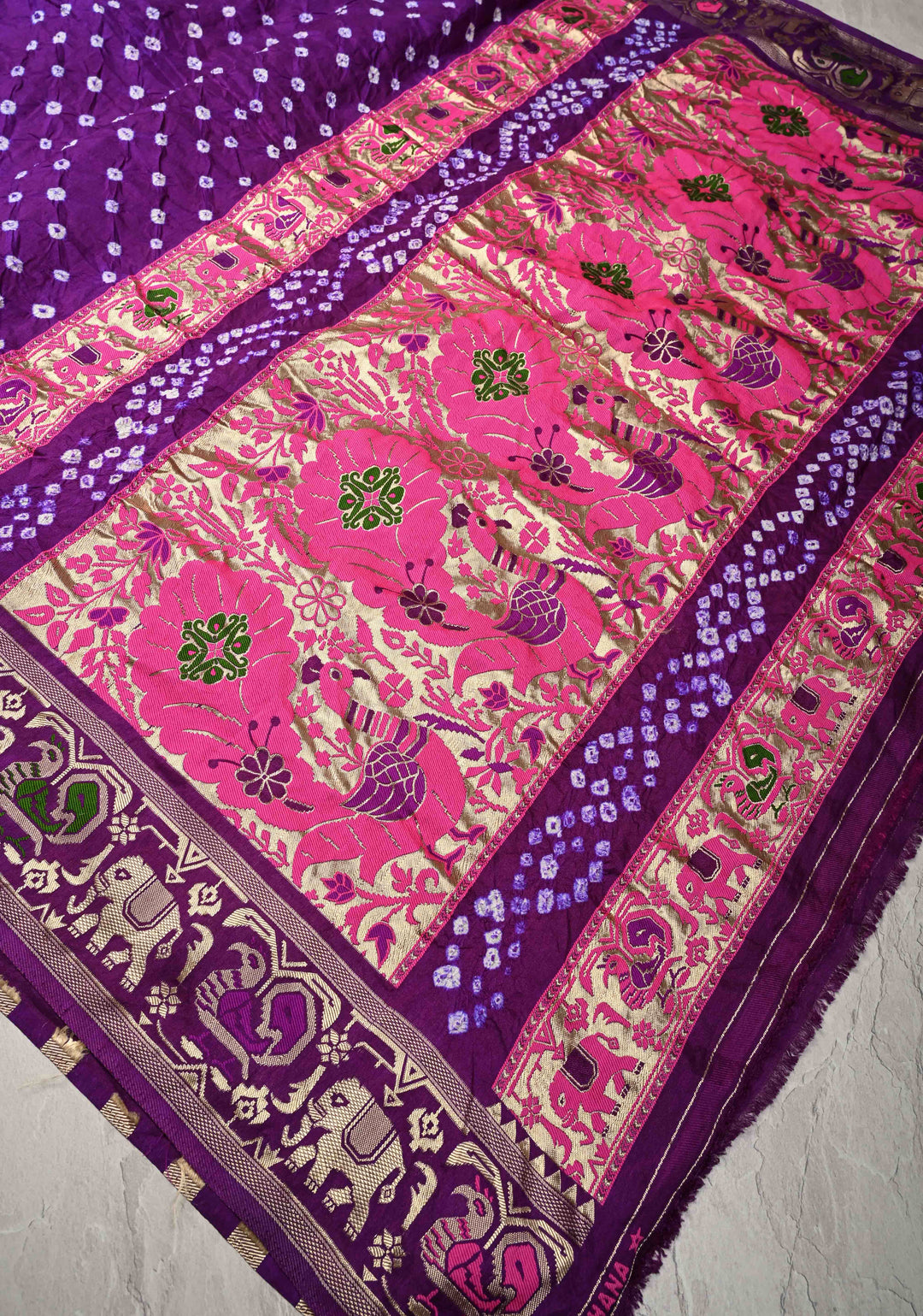 Eggplant Purple Crushed  Bandhani on Art Silk Saree with Meenakari Floral Zari Border and pallu