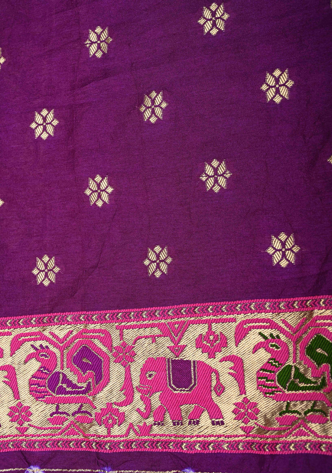 Eggplant Purple Crushed  Bandhani on Art Silk Saree with Meenakari Floral Zari Border and pallu
