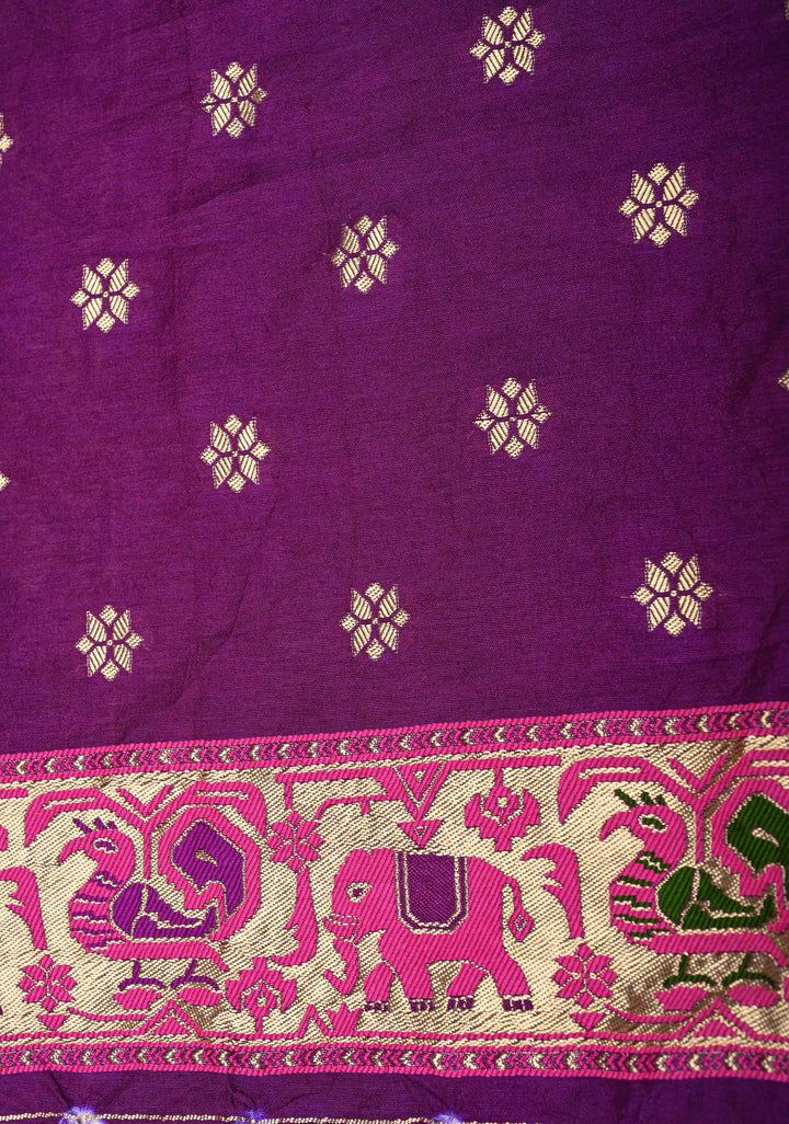 Eggplant Purple Crushed  Bandhani on Art Silk Saree with Meenakari Floral Zari Border and pallu