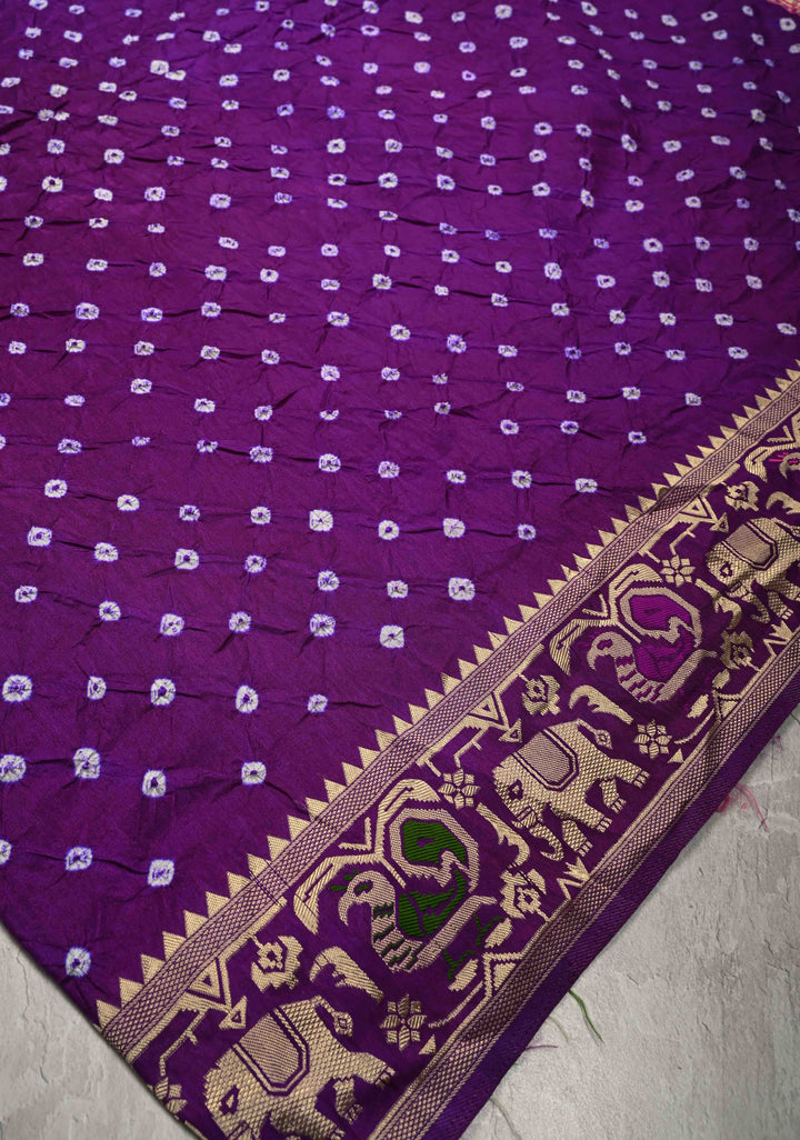 Eggplant Purple Crushed  Bandhani on Art Silk Saree with Meenakari Floral Zari Border and pallu