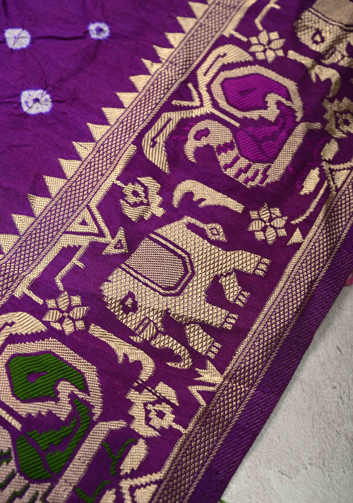 Eggplant Purple Crushed  Bandhani on Art Silk Saree with Meenakari Floral Zari Border and pallu