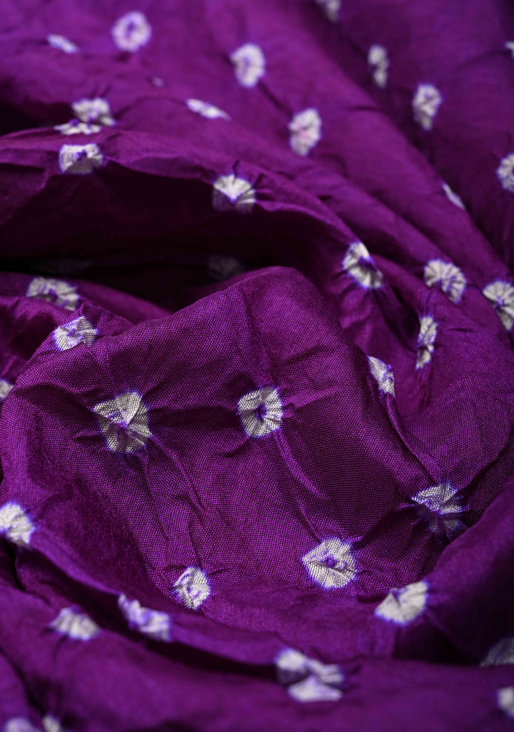 Eggplant Purple Crushed  Bandhani on Art Silk Saree with Meenakari Floral Zari Border and pallu