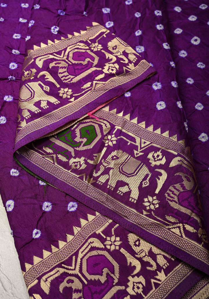 Eggplant Purple Crushed  Bandhani on Art Silk Saree with Meenakari Floral Zari Border and pallu