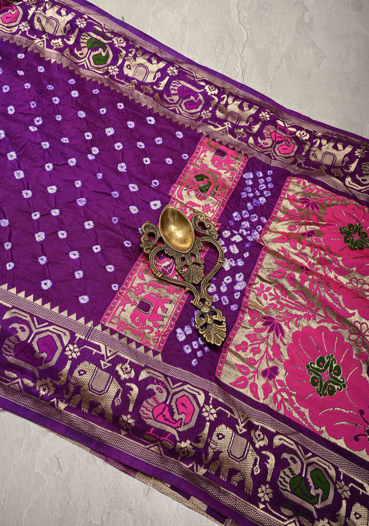 Eggplant Purple Crushed  Bandhani on Art Silk Saree with Meenakari Floral Zari Border and pallu