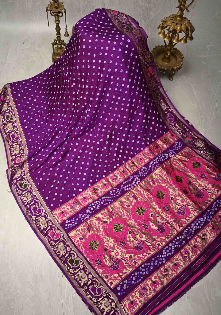Eggplant Purple Crushed  Bandhani on Art Silk Saree with Meenakari Floral Zari Border and pallu