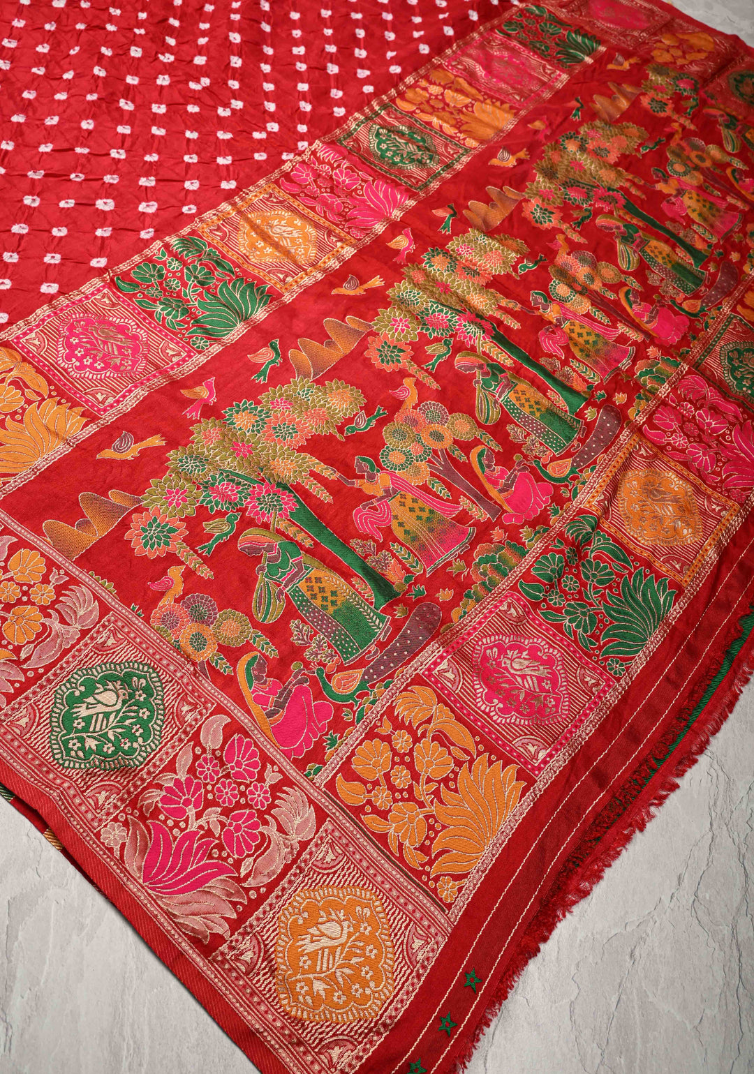 Red Crushed  Bandhani on Art Silk Saree with Meenakari Floral Zari Border and Pallu