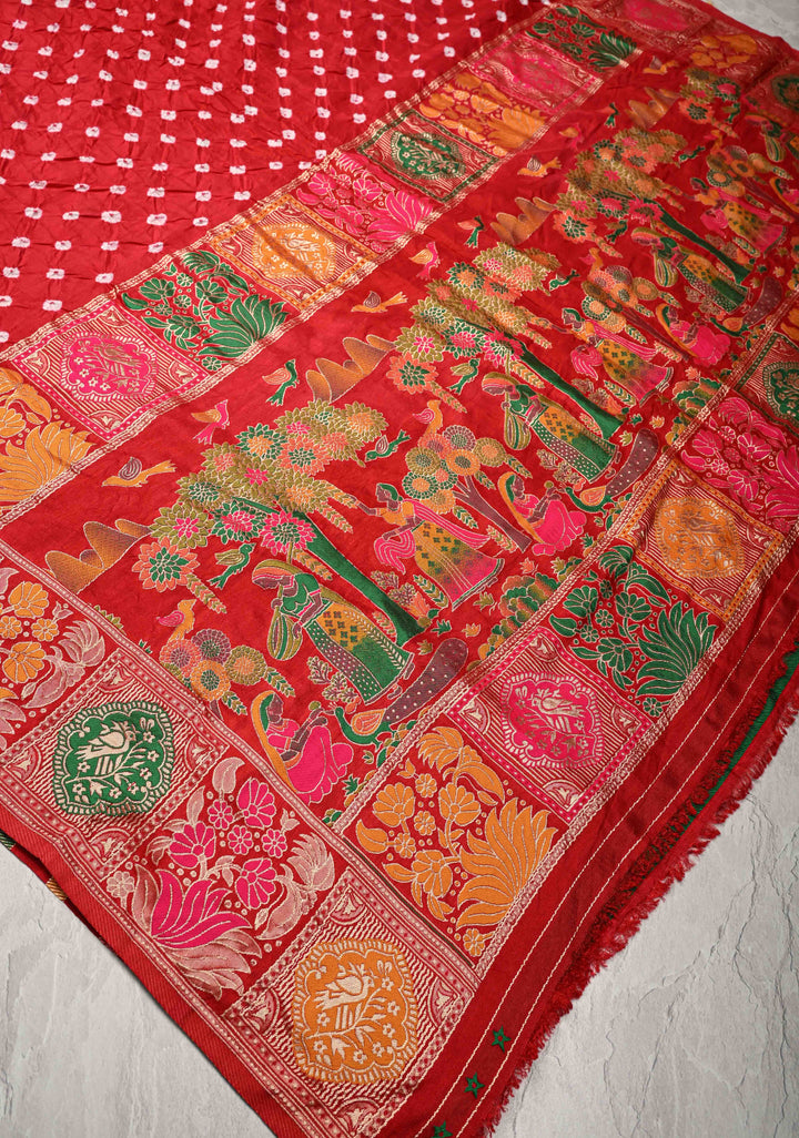 Red Crushed  Bandhani on Art Silk Saree with Meenakari Floral Zari Border and Pallu