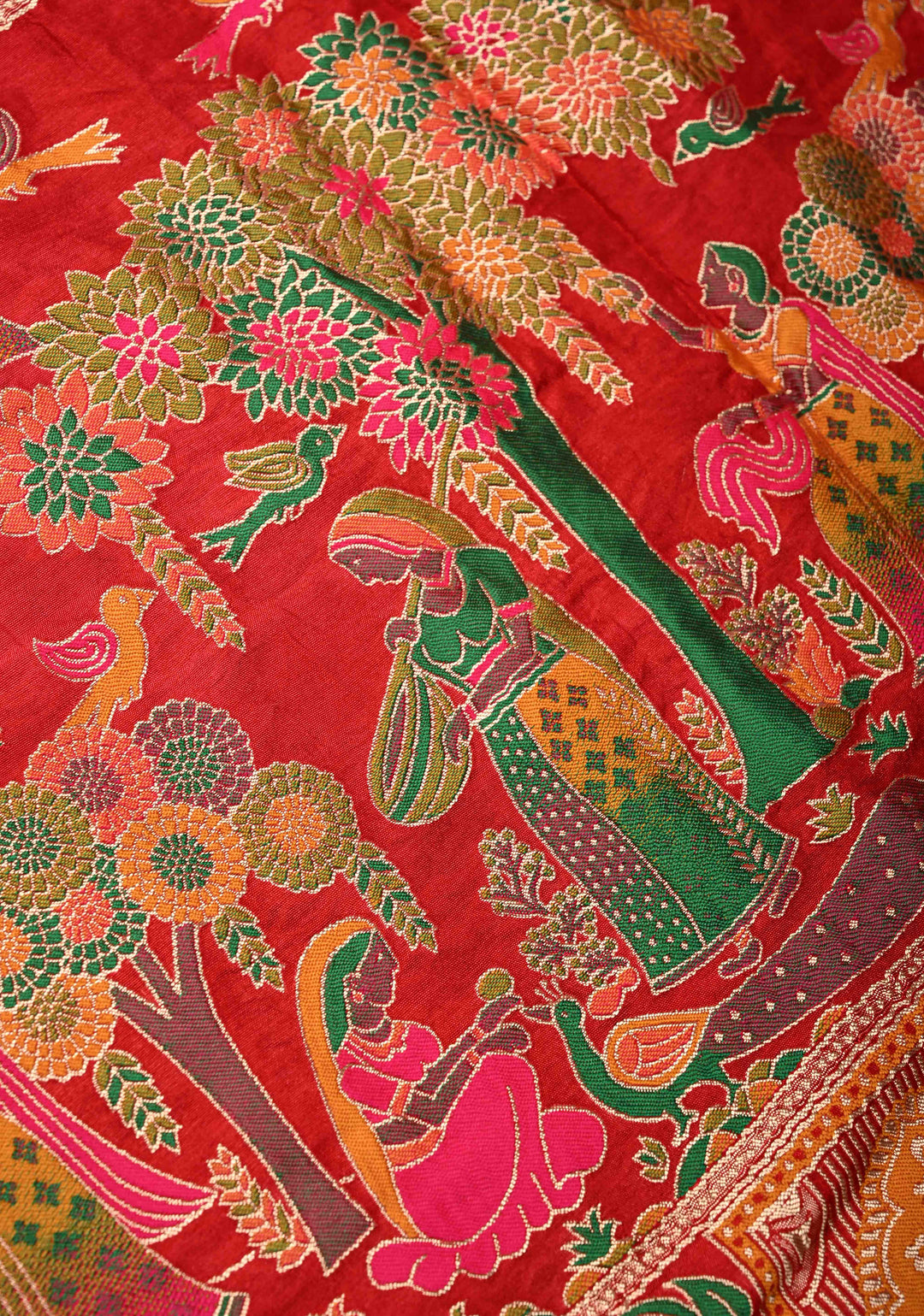 Red Crushed  Bandhani on Art Silk Saree with Meenakari Floral Zari Border and Pallu