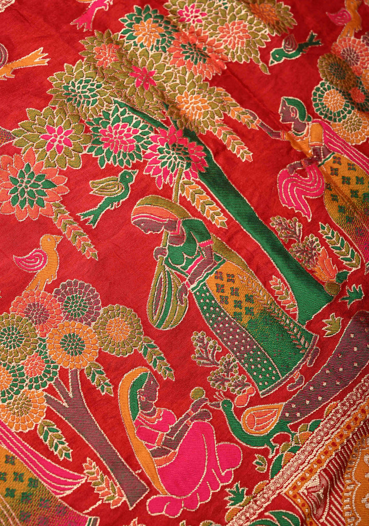 Red Crushed  Bandhani on Art Silk Saree with Meenakari Floral Zari Border and Pallu
