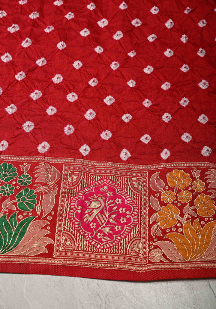 Red Crushed  Bandhani on Art Silk Saree with Meenakari Floral Zari Border and Pallu