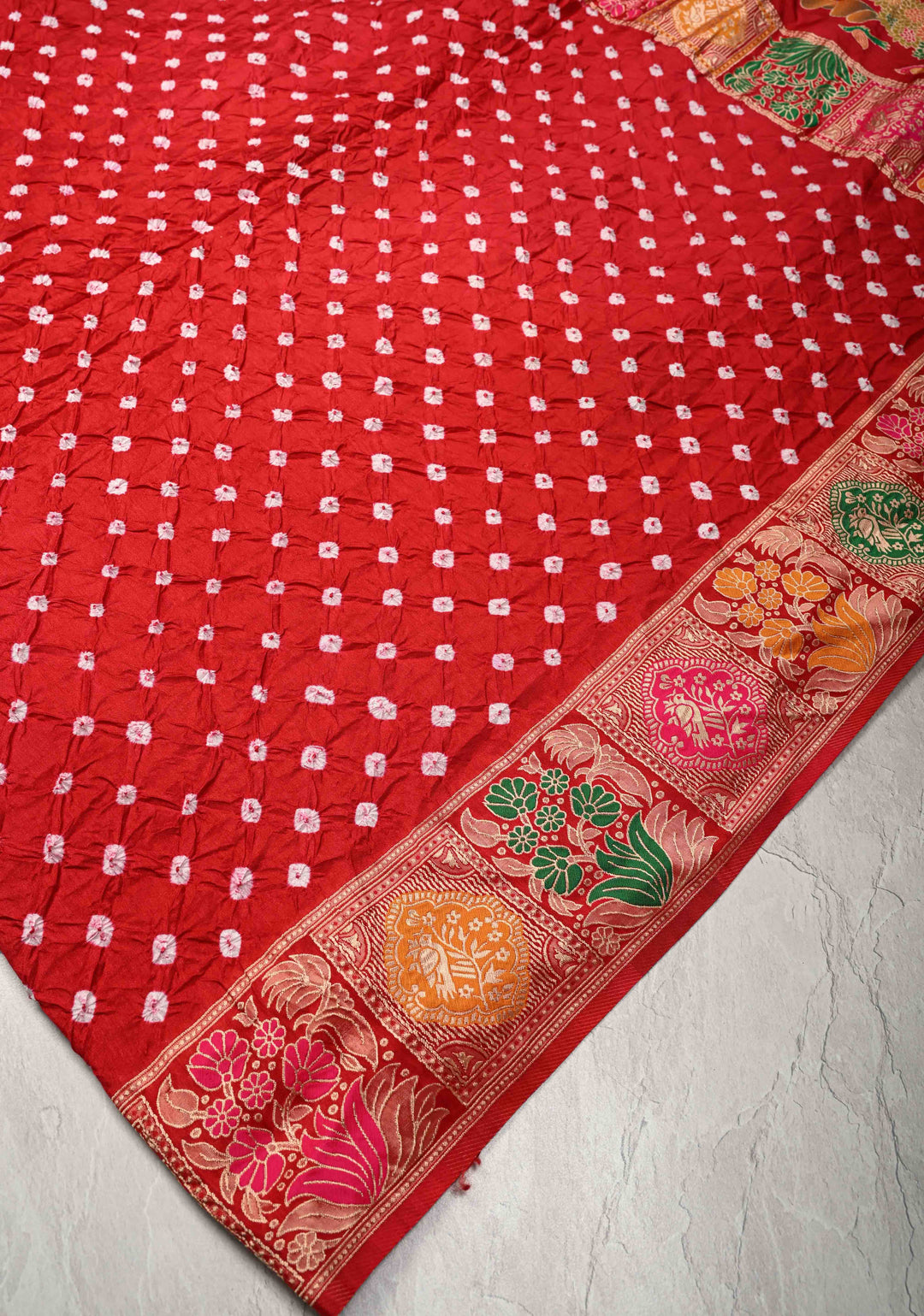 Red Crushed  Bandhani on Art Silk Saree with Meenakari Floral Zari Border and Pallu