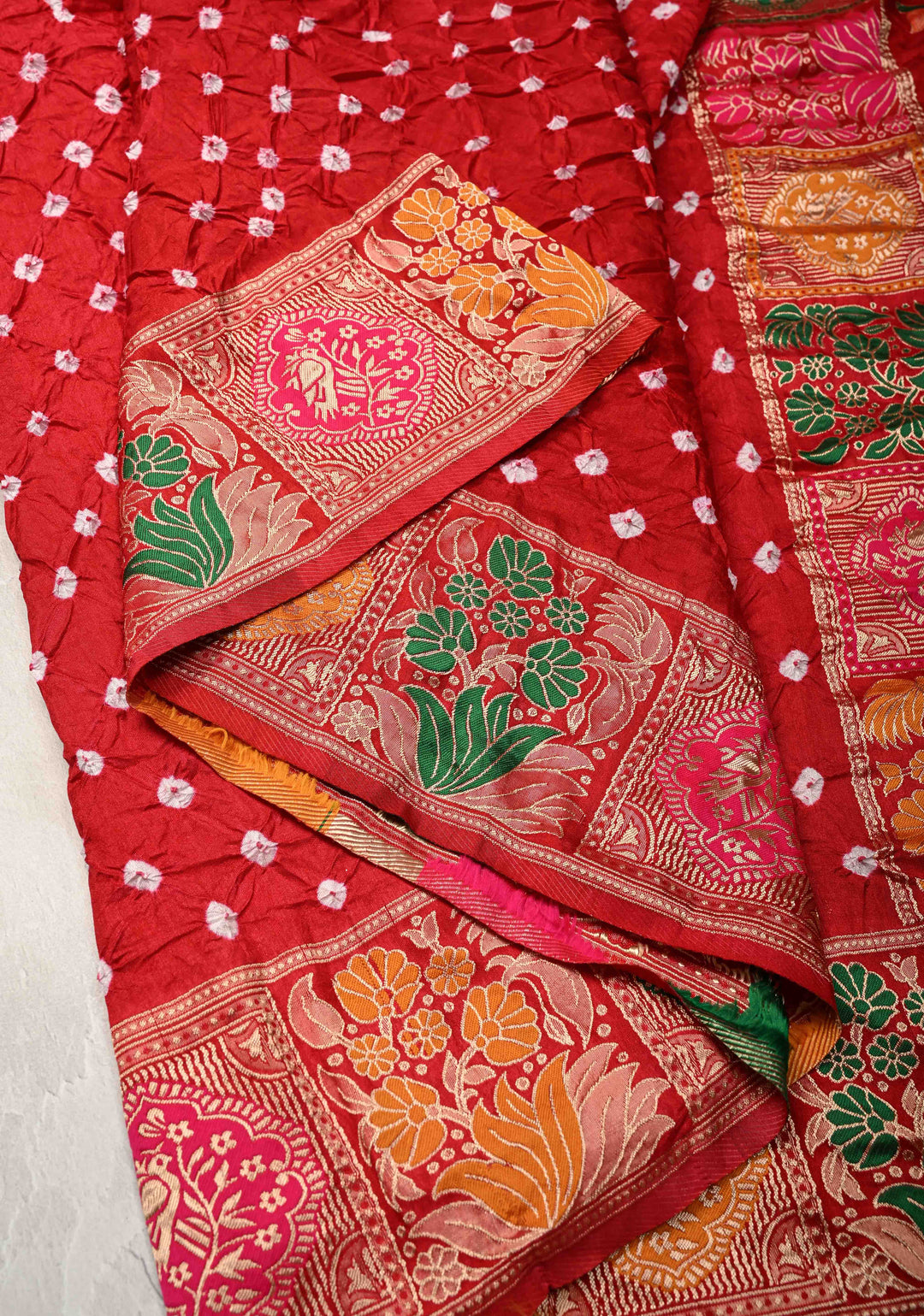 Red Crushed  Bandhani on Art Silk Saree with Meenakari Floral Zari Border and Pallu