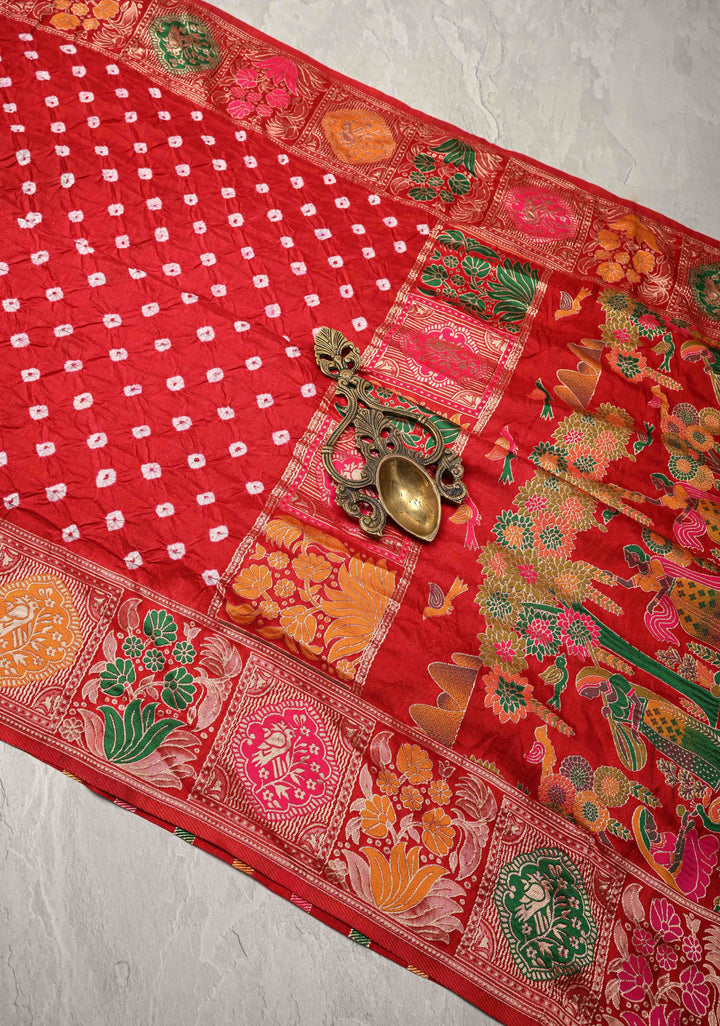 Red Crushed  Bandhani on Art Silk Saree with Meenakari Floral Zari Border and Pallu