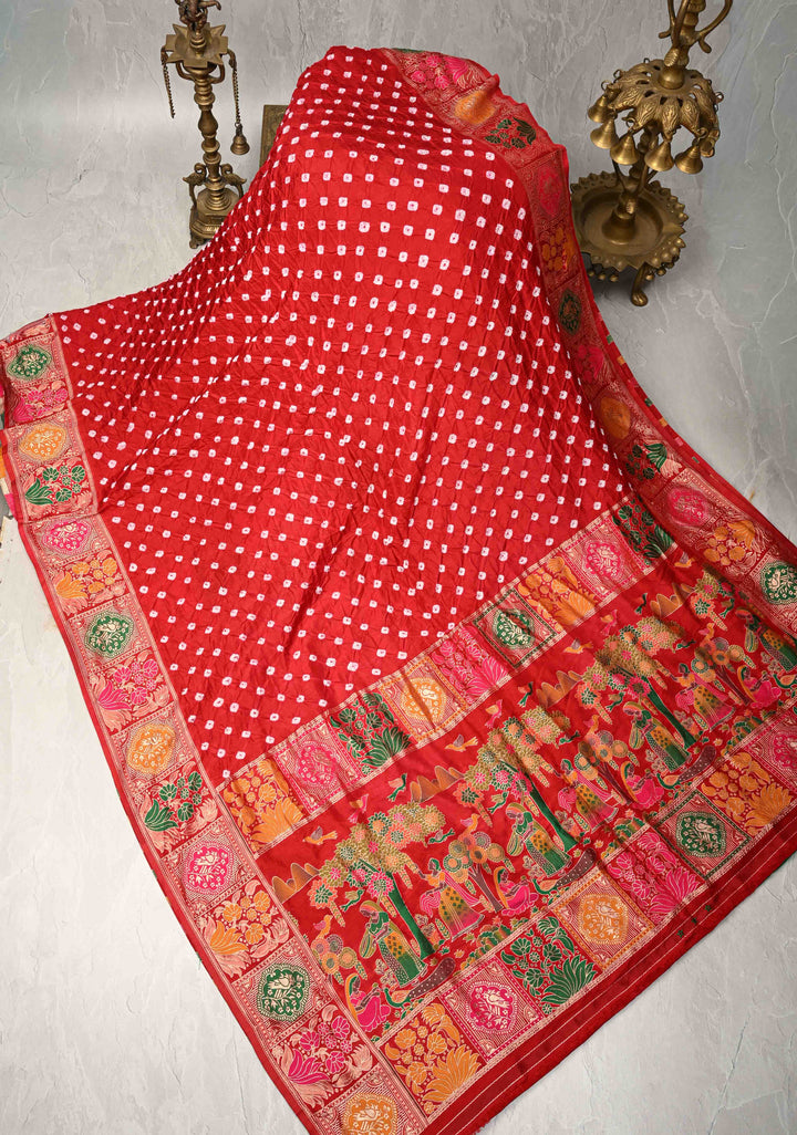 Red Crushed  Bandhani on Art Silk Saree with Meenakari Floral Zari Border and Pallu