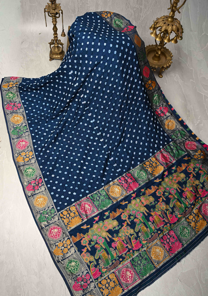 Prussian Blue Crushed Bandhini on Art Silk Saree with Meenakari Zari Border