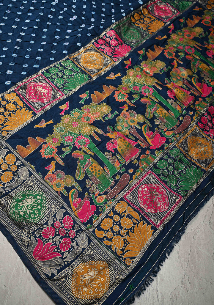 Prussian Blue Crushed Bandhini on Art Silk Saree with Meenakari Zari Border