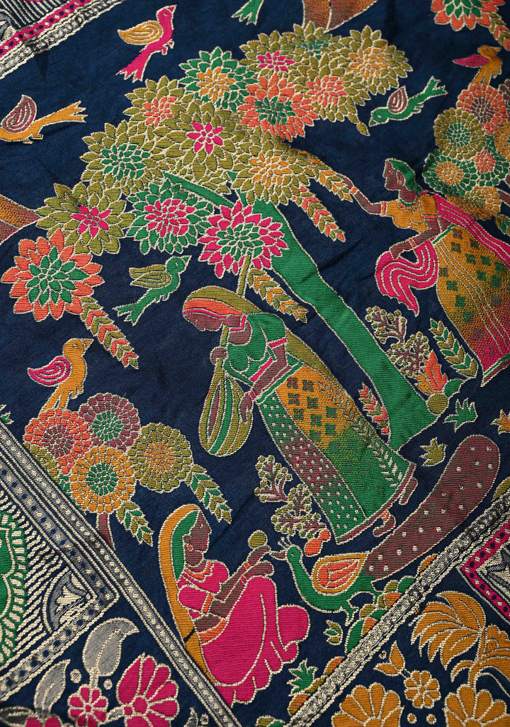 Prussian Blue Crushed Bandhini on Art Silk Saree with Meenakari Zari Border