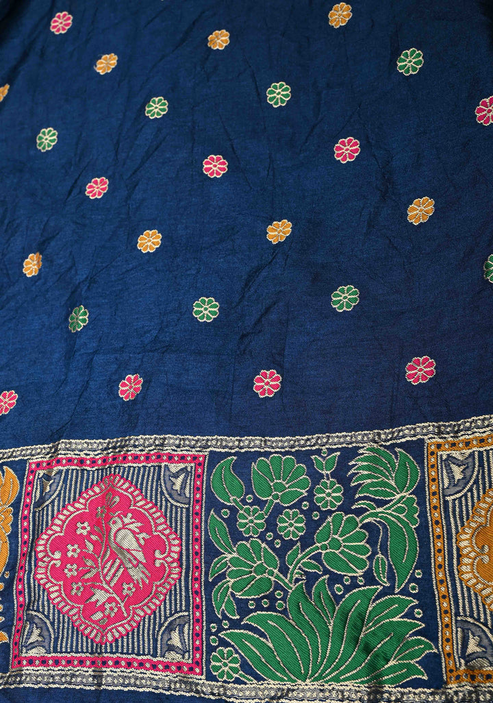 Prussian Blue Crushed Bandhini on Art Silk Saree with Meenakari Zari Border