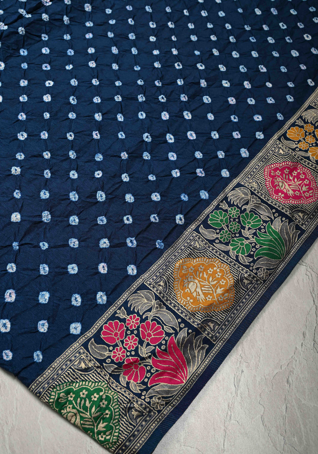 Prussian Blue Crushed Bandhini on Art Silk Saree with Meenakari Zari Border